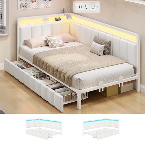 Hasuit Corner Bed Frame with Storage Drawers, Twin Daybed with Line Fabric by Hasuit