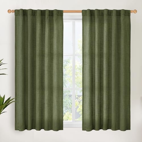 YoungsTex Olive Green Linen Curtains 48 Inch Length, Light Filtering Drapes by YoungsTex