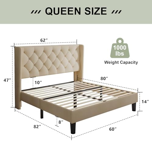 Feonase Queen Bed Frame with Diamond Tufted Wingback Headboard, Morden - Image 2