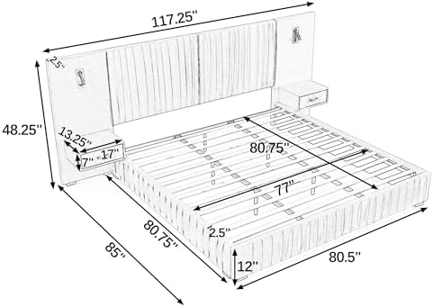 King Size Bed Frame with LED Lights and Nightstands, Modern Chenille - Image 2