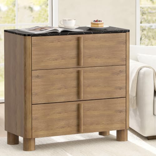 31.5" Wide 3 Drawer Dressers, Faux Marble & Wood Storage Cabinet, Modern Curved by Hotmeily