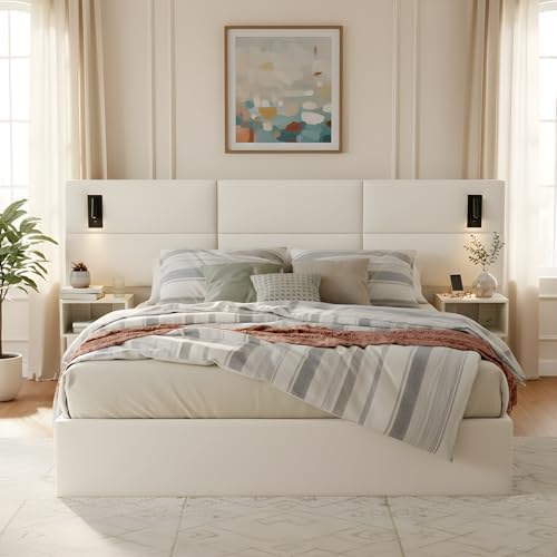 Queen Size Bed Frame with LED Lights and Floating Shelves, Modern Chenille by Kolavess