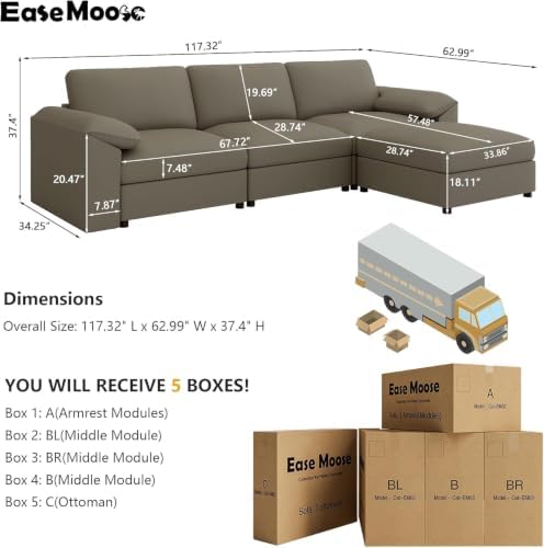 EASE MOOSE Faux Leather Couch, Modular Sectional Sofa, Light Grey - Image 2
