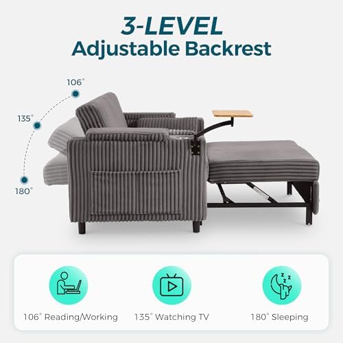 LINSY HOME 3-in-1 Pull Out Sofa Bed, 360° Swivel Table, Storage Armrests - Image 3