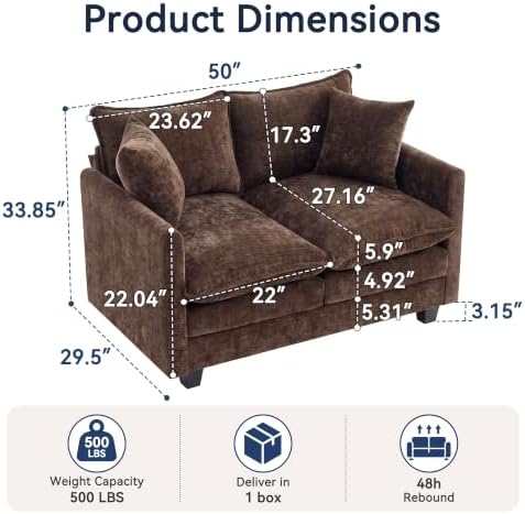 Loveseat Sofa, Soft Chenille Cloud‑Cushion Small‑Space Couch - Image 2