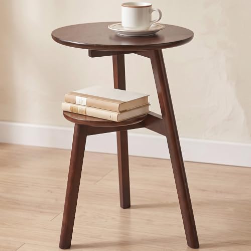 Ikebana Side Table, 2-Tier Round Solid Wood End Table by IKEBANA