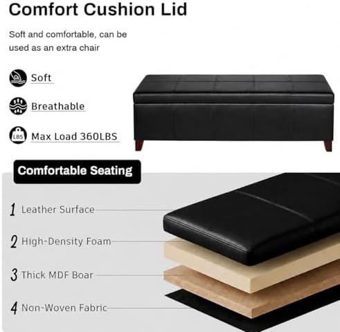 Ottoman with Storage Black Faux Leather Storage Ottoman Bench - Image 7