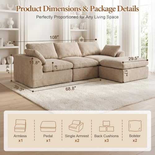 108" Cloud Sectional Couches for Living Room, Oversized Boneless Modular L - Image 2