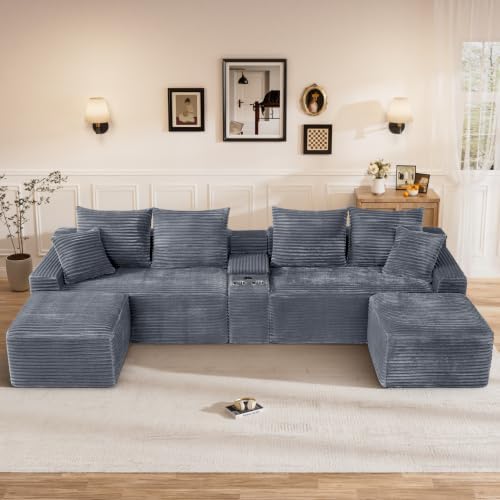 127" U Shaped Cloud Couch Modular Sectional Sofa, Comfy Fluffy Corduroy Grey - Image 5