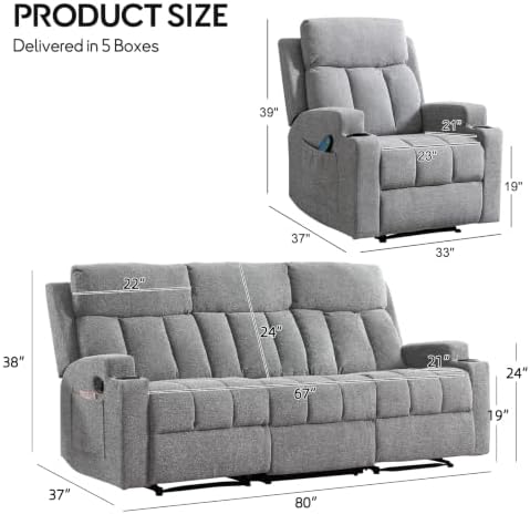 CANMOV Manual Recliner Sofa Set, Fabric Recliner Living Room Furniture Sets - Image 2