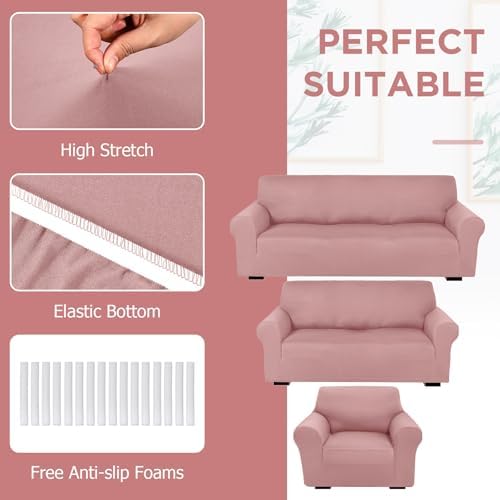 Peryiter 3 Pcs Couch and Loveseat Sofa Covers, Light Pink, Milk Silk - Image 4