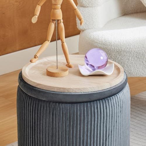 BLEXA Storage Ottoman Round, Velvet Vanity Stool, Light Grey - Image 3