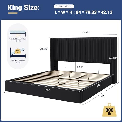 Allewie King Size Lift Up Storage Bed Frame Channel Tufted Headboard Black - Image 2