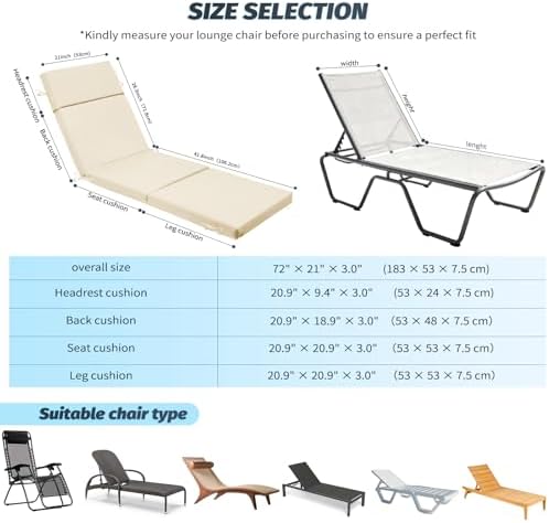 2 Pack Beige Outdoor Chaise Lounge Cushions - Image 3