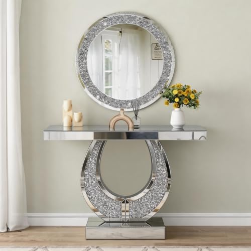 Mirrored Console Table & Round Wall Mirror Set by Unknown