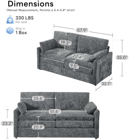Iroomy 57" Chenille Loveseat 2 Seater, Small Love Seat Sofa, Cloud Couch Thick - Image 2