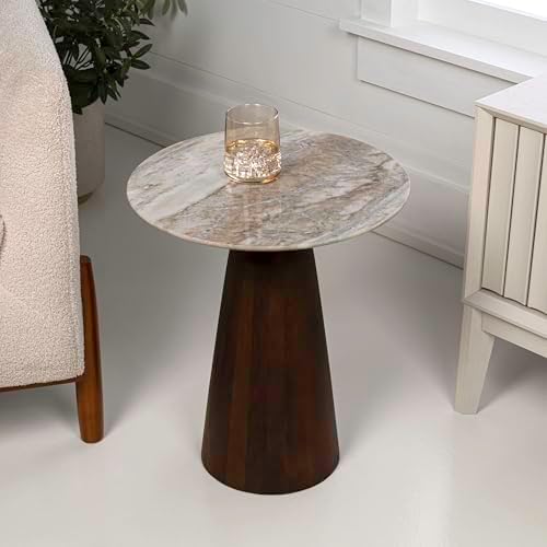 JONATHAN Y Kaito 18" Round White Marble End Table, Walnut Wood - Image 2
