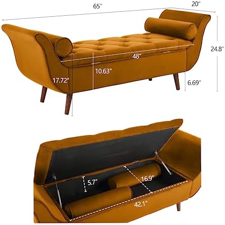 Storage Bench for Bedroom End of Bed, Velvet Upholstered Rolled Armed Button - Image 2