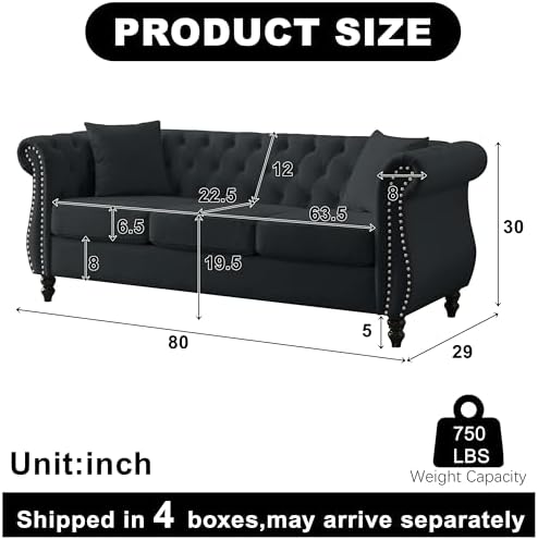 2 Piece Modern Black Velvet 80" 3-Seater Sofa Sets, Upholstered Tufted Backrests - Image 2