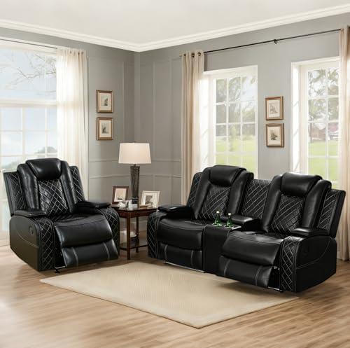 Breathing Leather Power Recliner Sofa Set, 2 Piece Leather Loveseat and by Unknown
