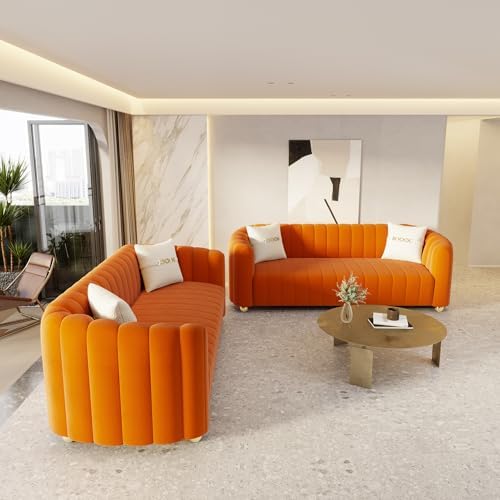 2-Piece Orange Velvet Tufted Sofa Set - Image 2
