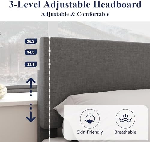 Allewie Full Size Upholstered Bed Frame Adjustable Headboard, Dark Grey - Image 4