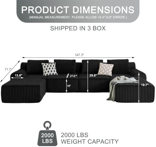 147" Boneless Couches for Living Room Oversized U-Shaped Black - Image 2