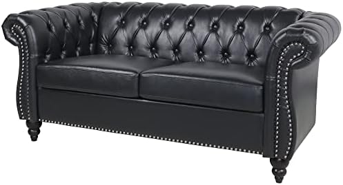 LEVNARY Leather Sofa, Chesterfield Tufted Upholstered 2 Seater Couch, Modern - Image 4