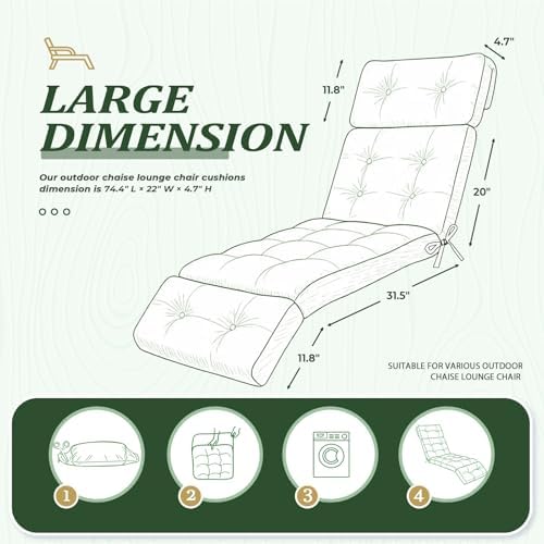 Outdoor Chaise Lounge Cushion, 74.4 x 22 Inch, Waterproof - Image 4