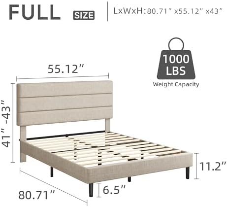 Full Platform Bed Frame with Adjustable Linen Fabric Upholstered Headboard - Image 2