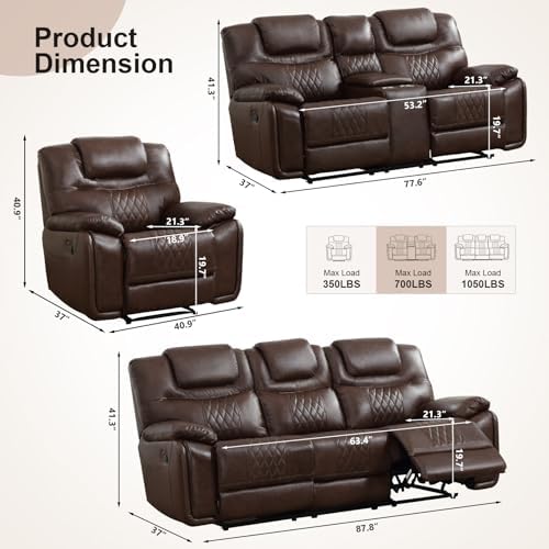 ANJ 3-Piece Manual Reclining Sofa Set, Premium Genuine Leather Reclining Sofas - Image 2