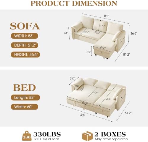 83" L Shaped Sleeper Sofa Bed, Pull Out Sectional Couches - Image 2