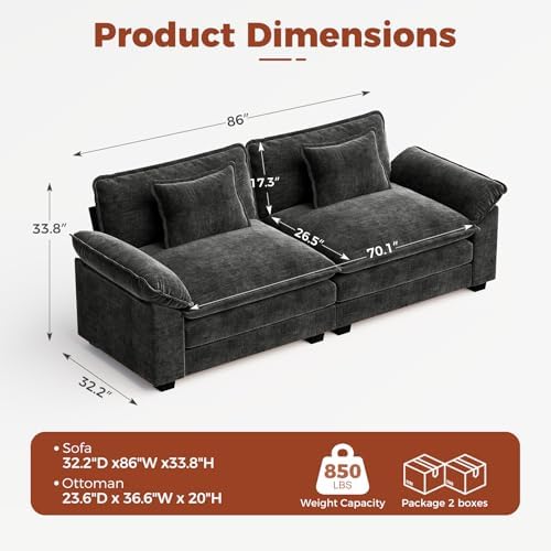 CDCASA 86" Modular Sectional Sofa, Comfy L-Shaped Cloud Couch, 2-Seater - Image 2