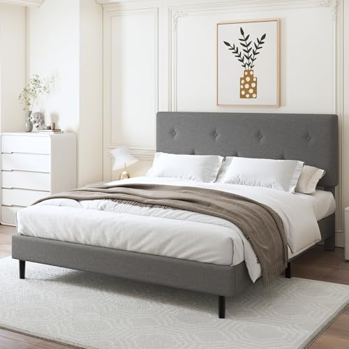 King Size Linen Bed Frame with Adjustable Headboard Grey - Image 5
