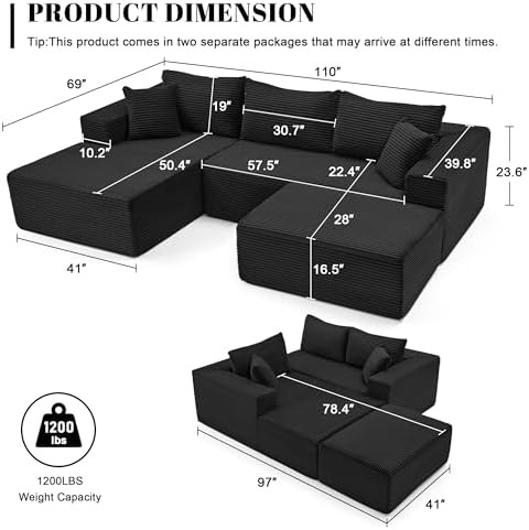 Mangodan 110” Cloud Sectional Couch, Modular Sectional Sofa - Image 3