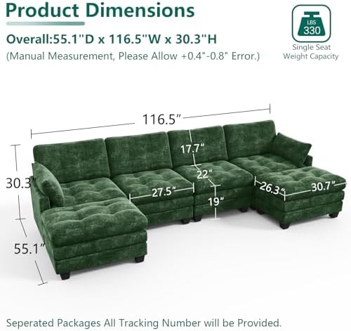 116.5" Modular Sectional Cloud Couch, U Shaped Tufted Sofa - Image 2
