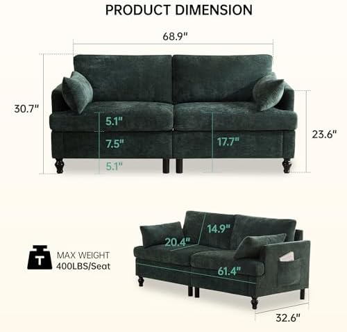 68.9” Loveseat Sofa Couch, Modern Comfy 2 Seat Chenille Couches, Spring - Image 2