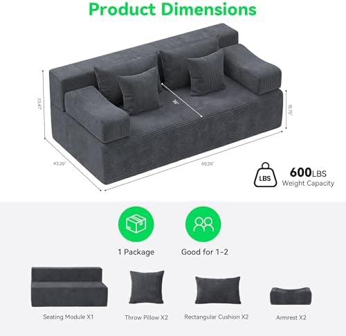 MONVANE 70" Modular Sectional Sofa, Boneless Loveseat, Charcoal Grey - Image 2