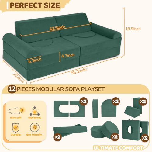 12Pcs Midular Kids Play Couch, Convertible Toddler Couch - Image 2