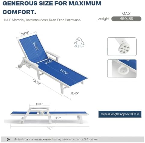 Outdoor HDPE Chaise Lounge Chairs Set of 2, Textilene Pool Loungers - Image 2