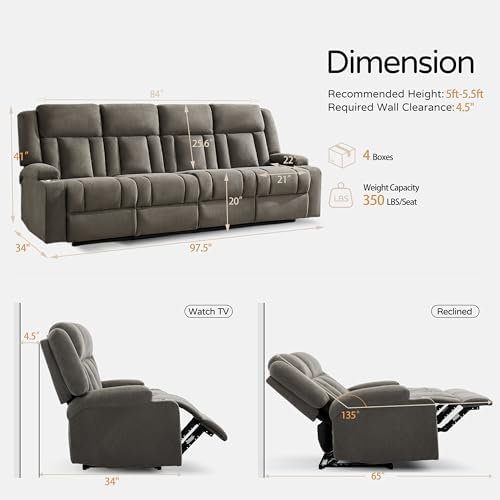 Recliner Sofa with Cup Holders, 4-Seater Fabric Reclining Couch, Manual - Image 2