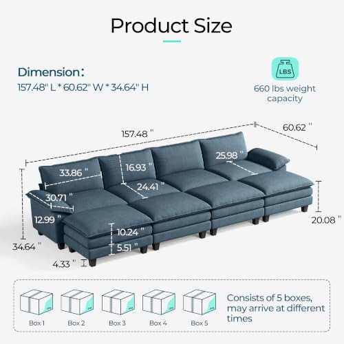 LINSY HOME 157'' Modular Sectional Sofa 4 Seat Couch Corduroy Cloud Couch - Image 2