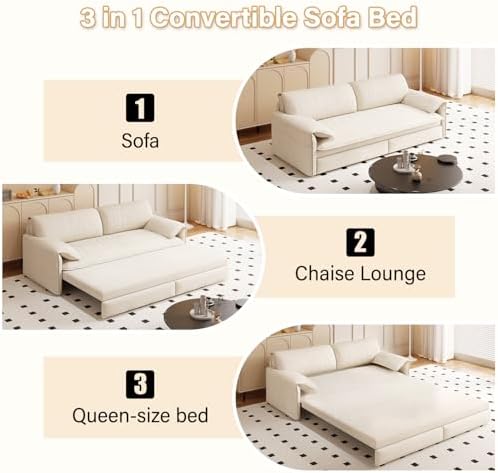 66" Futon Sofa Bed Queen Size, 3-in-1 Convertible Sleeper Sofa - Image 5