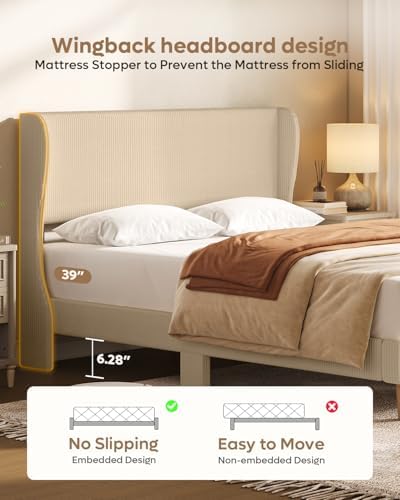 Bestier Queen Bed Frame with Wingback Headboard, Upholstered - Image 3