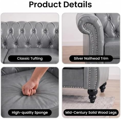 3 Seat Chesterfield Sofa, Faux Leather Couch - Image 3