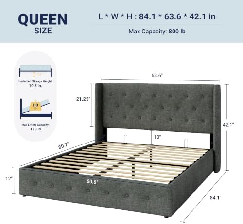 Allewie Queen Size Lift Up Storage Button-Tufted Bed Frame Dark Grey - Image 2