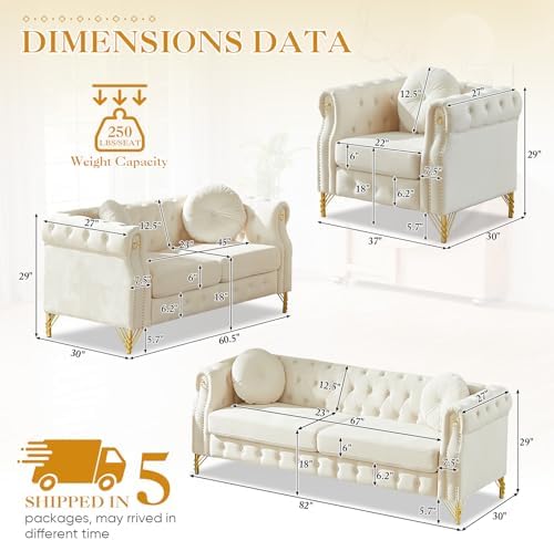 3 Pieces Mid Century Modern Chesterfield Sofa Set, Upholstered Button Tufted - Image 2