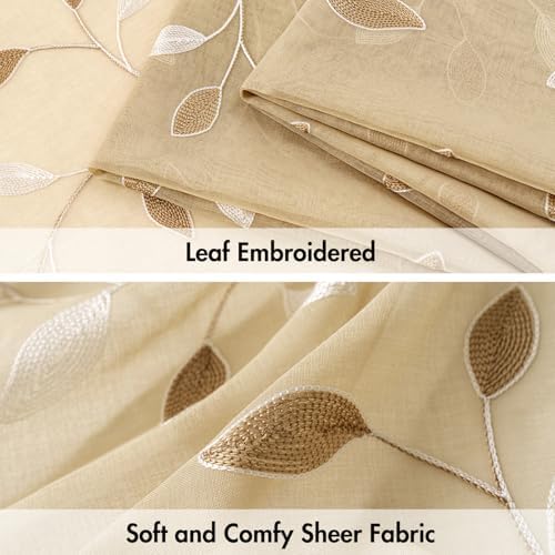 MIULEE Beige Sheer Curtains 2 Panels Embroidered Leaf Patterned, W52 x L84 - Image 4