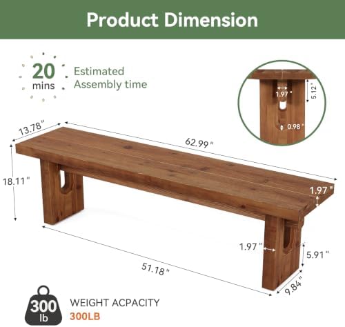 63" Solid Wood Bench, Extra Long Farmhouse Dining Bench - Image 2