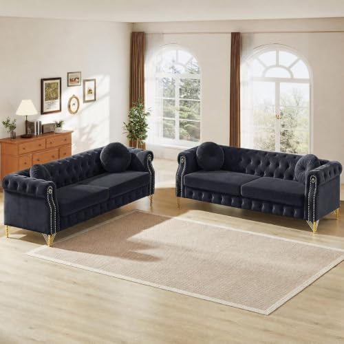 2 Piece 82" Velvet Chesterfield Sofa Set - Image 6